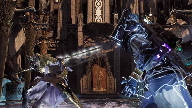 Remnant 2 Archon charging lightning while a swordsman enemy prepares to strike