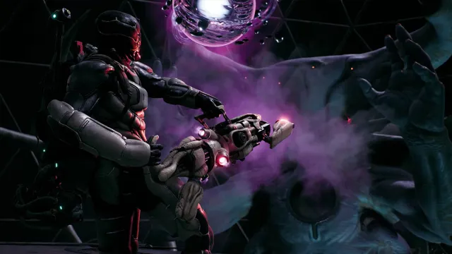 Engineer in heavy futuristic armor shooting a heavy machine gun with purple smoke