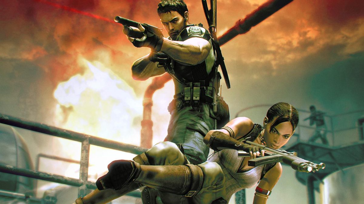 Chris Redfield wielding a shotgun and Sheva Alomar wielding a machine gun in front of an explosion