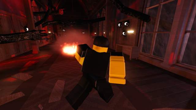 Picture showing the player running away from the Seek entity in Roblox Doors.