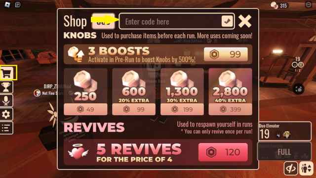 Picture showing the in-game Shop menu to input the codes to get free rewards Roblox's Doors Floor 2.