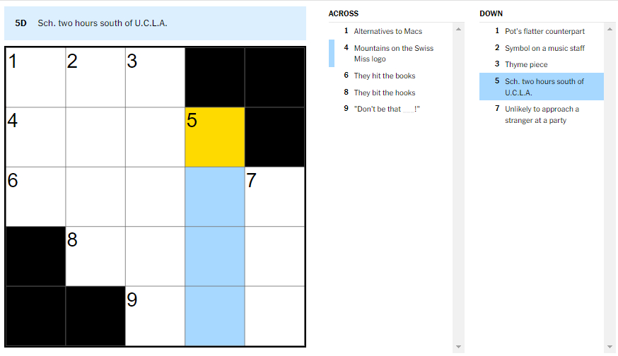 Picture showing the Sch. two hours south of U.C.L.A. clue in NYT Mini Crossword puzzle.