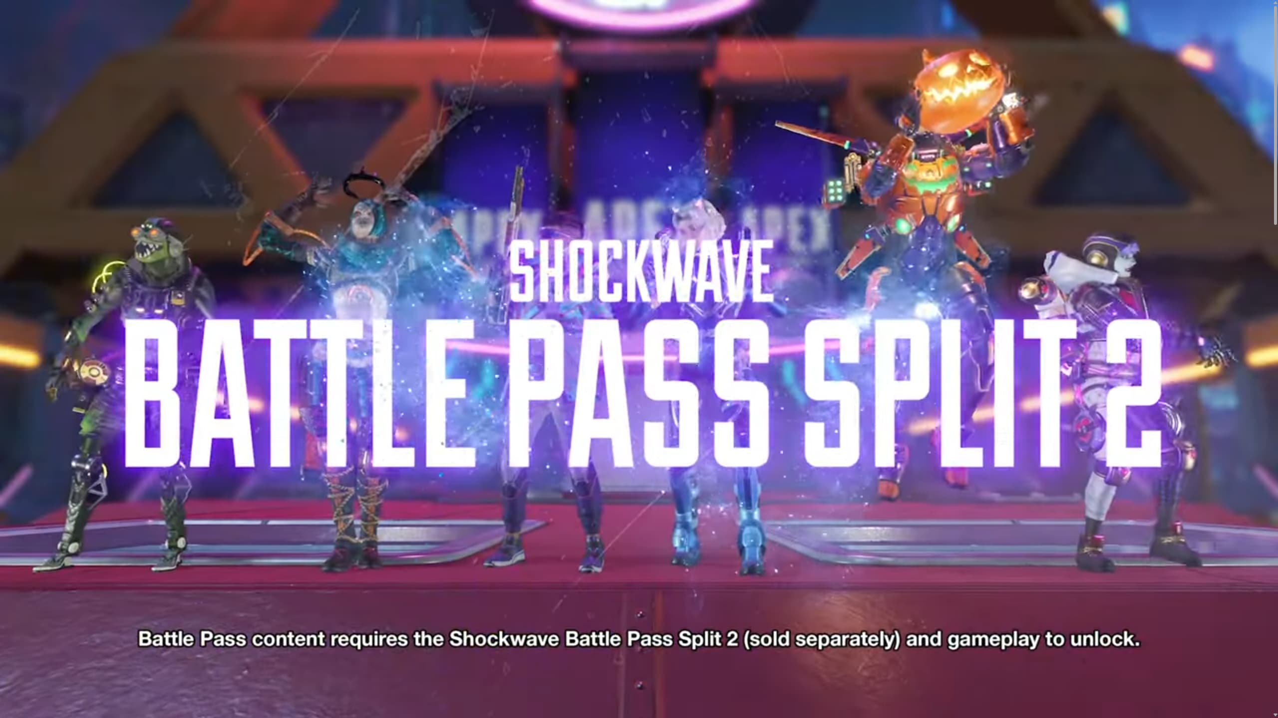 Octane, Catalyst, Crypto, Horizon, Valkyrie, and Wattson stand in a line with a large "Shockwave Battle Pass Split 2" sign in front of them.