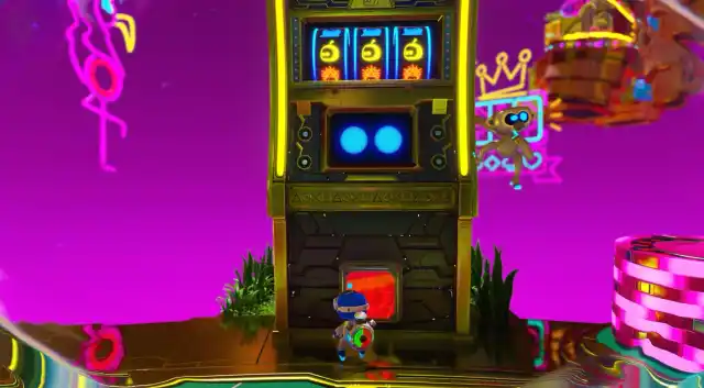 astro bot standing beside a huge slot machine in a casino world and is about to win the jackpot