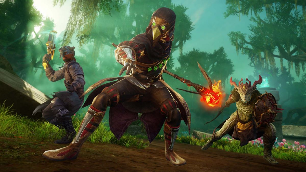 A spellcaster in fantasy plague doctor armor stands in the foreground with two companions, flourishing their weapons in a lush forest. Promotional image for New World Aeternum