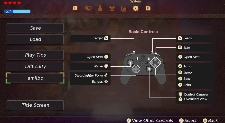 main menu settings option for changing systems in zelda echoes of wisdom