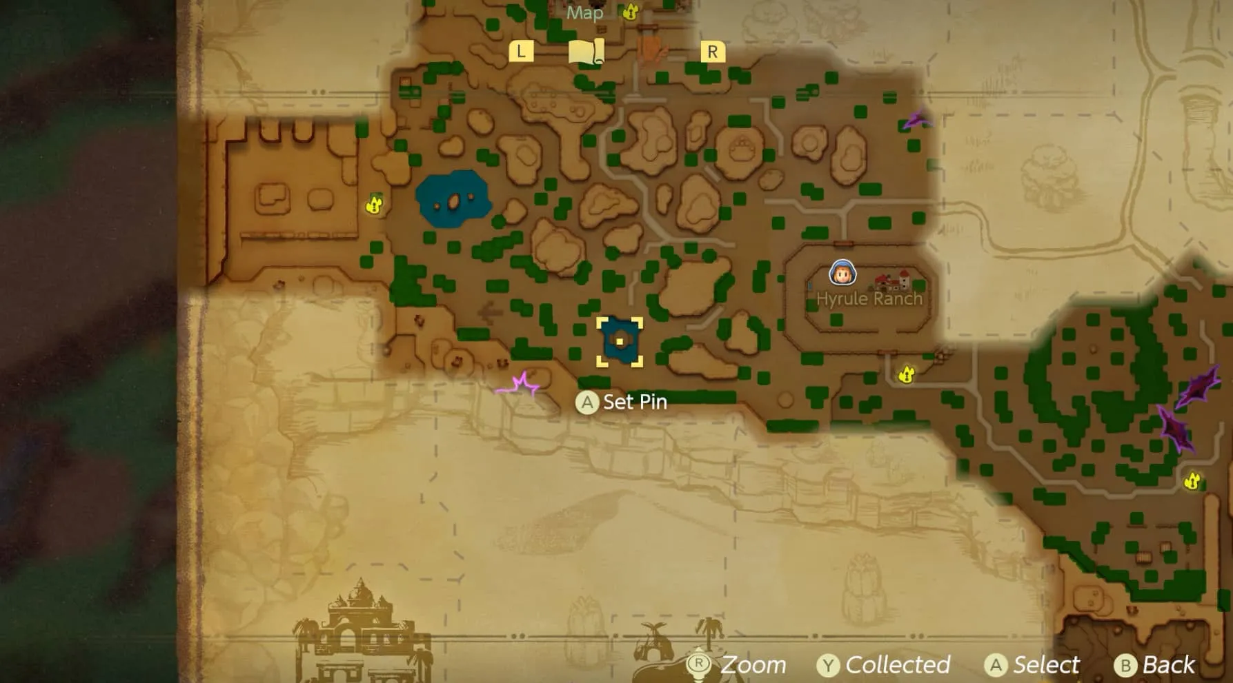 a map of western hyrule next to hyrule ranch