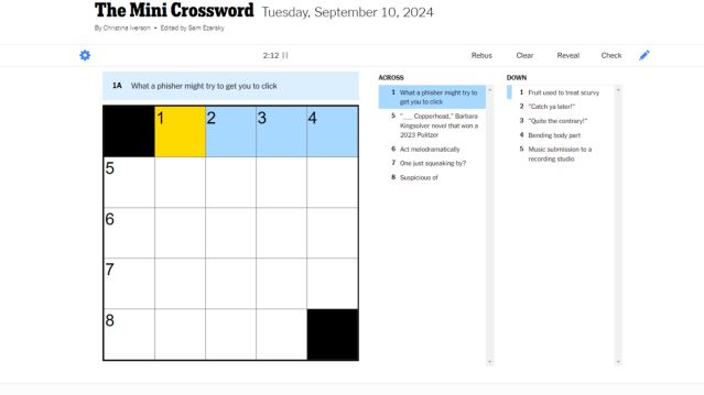 A blank NYT Mini crossword with four across spaces highlighted