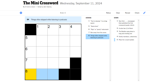 NYT Mini crossword with three spaces across highlighted