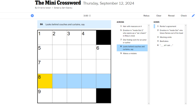 NYT Mini crossword with five spaces across highlighted