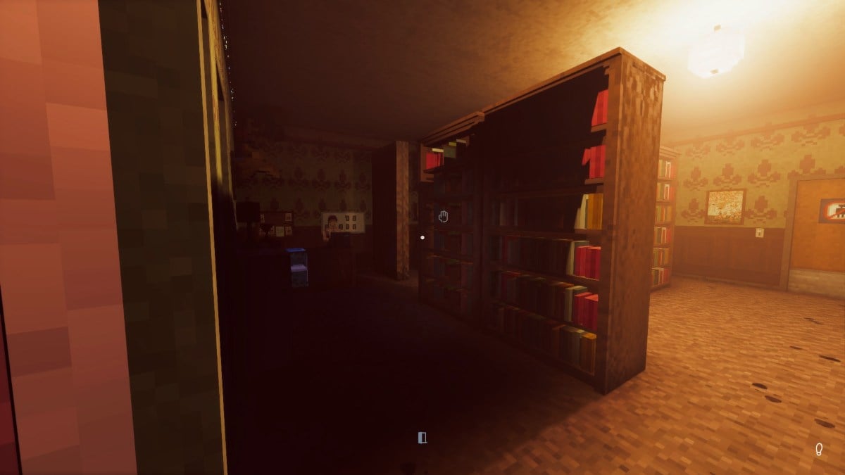 Looking inside the pawn shop in Shadows of Doubt with a bookcase in the center and the cashier on the left