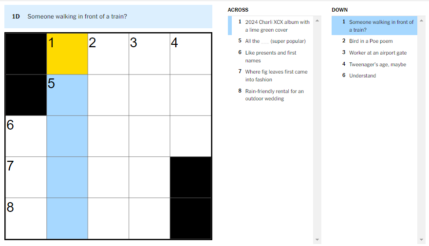 Picture showing someone walking in front of a train clue in NYT Mini Crossword.