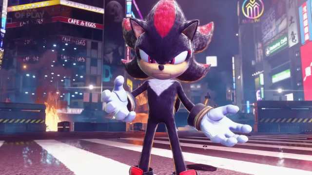 Movie Shadow posing in a street in the new Sonic x Shadow Generations DLC