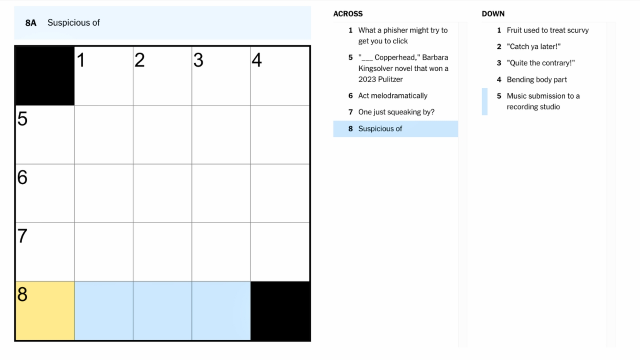 the clue, suspicious of, highlighted in blue and yellow on the nyt mini crossword puzzle