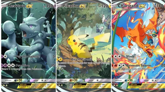 Immersive art cards for Mewtwo, Pikachu, and Charizard in TCG Pocket