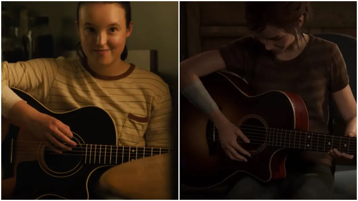 Bella Ramsey's Ellie learning guitar and Ashley Johnson's Ellie learning guitar