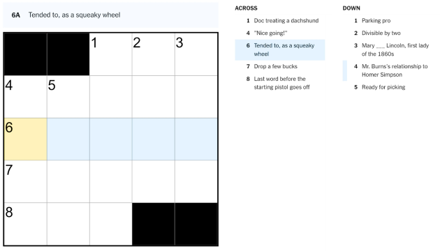 The clue, tended to as a squeaky wheel, highlighted in blue and yellow from the NYT mini crossword puzzle