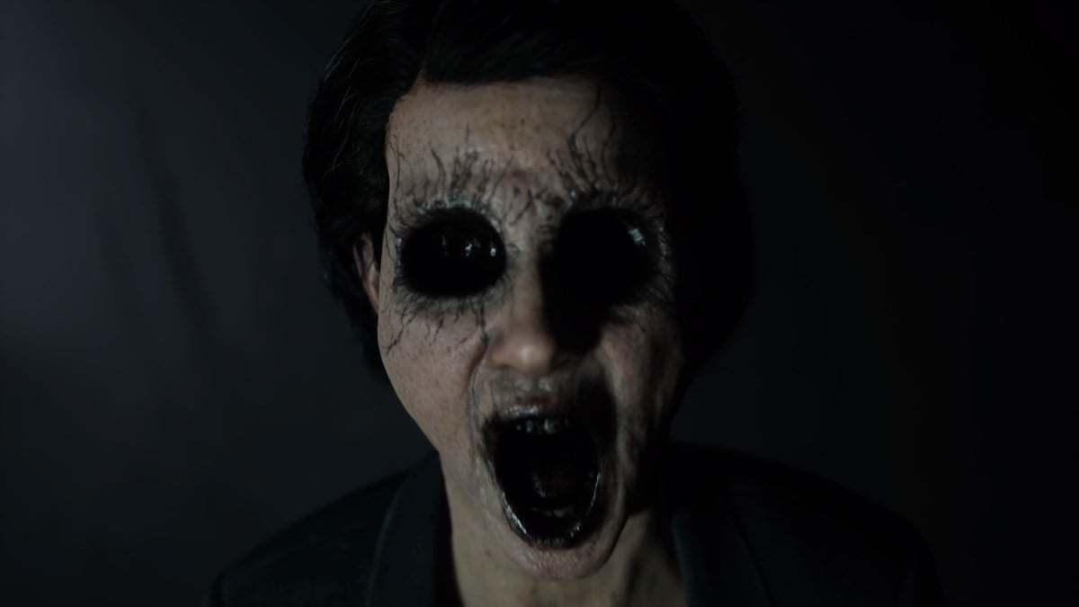 A cursed version of Bonnie screaming towards the camera in a close up shot with hollowed out eyes and a black mouth