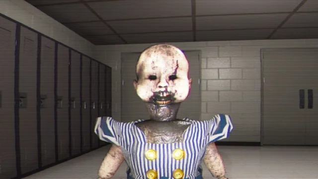 A shot of the Cursed Doll looking directly into the camera in The Classrooms