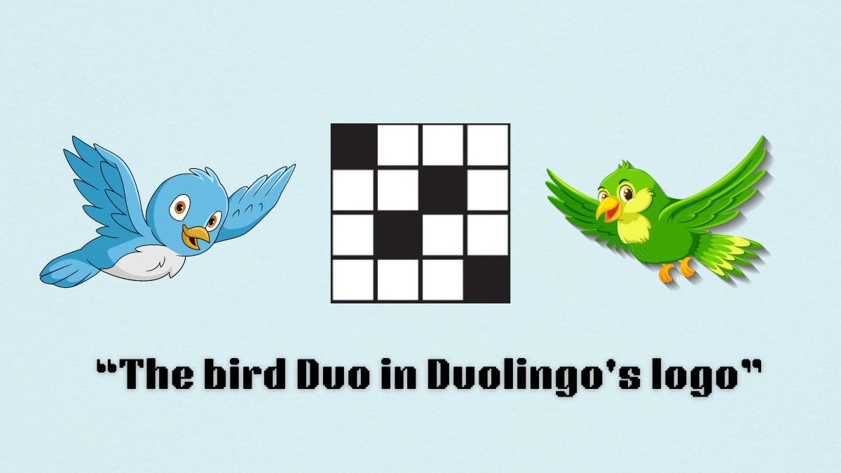 two birds flying above the clue, bird duo in duolingos logo, from the nyt mini crossword puzzle