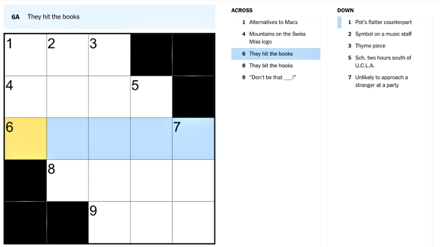 The clue, they hit the books, highlighted in blue and yellow from the NYT mini crossword puzzle on Sept. 9