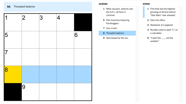 The clue, threaded fastener, from the NYT Mini Crossword puzzle highlighted in blue and yellow