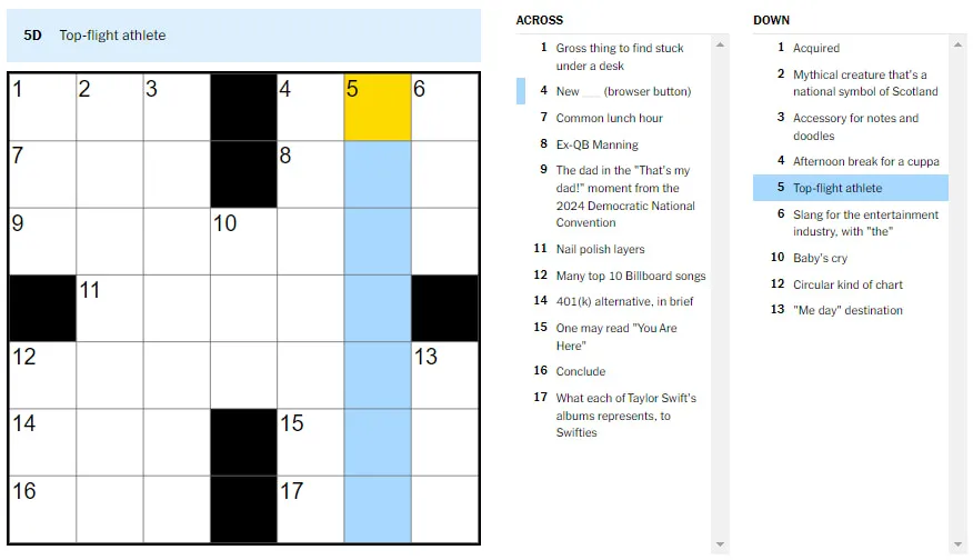 Picture showing the Top-flight athlete clue in NYT Mini Crossword.