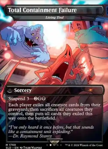 A blue and red ghost destroying cards and property in Ghostbusters MTG Secret Lair drop