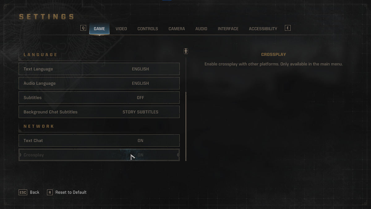 the Settings screen in Space Marine 2, with the cursor hovering over the Crossplay option.