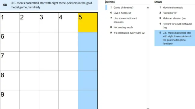 clue for US mens basketball star with right three pointers in the gold medal game familiarly in nyt mini crossword