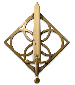 An image of a golden sword atop a diamond pattern filled with circles