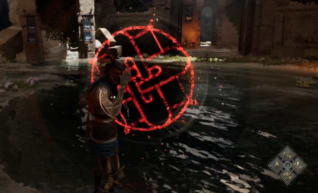 The player character from Enotria: The Last song interacts with a red symbol floating in the air. This shows readers what to interact with to summon Veltha.