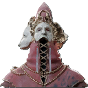 A person wearing a red tunic with multiple marble masks surrounding their head. This is the Vermiglio's Mask item in Enotria