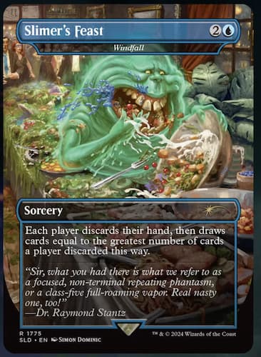 Slimer comendo uma mesa de bufê inteira em um casamento, deixando slime para trás sobre pratos de comida através do MTG Secret Lair Ghostbusters Slimer drop