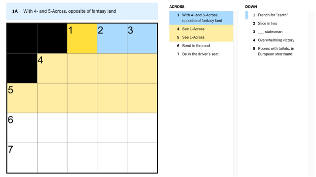 The clue, 'With 4-and 5-across, opposite of a fantasy island' from the NYT Mini Crossword highlighted in blue and yellow