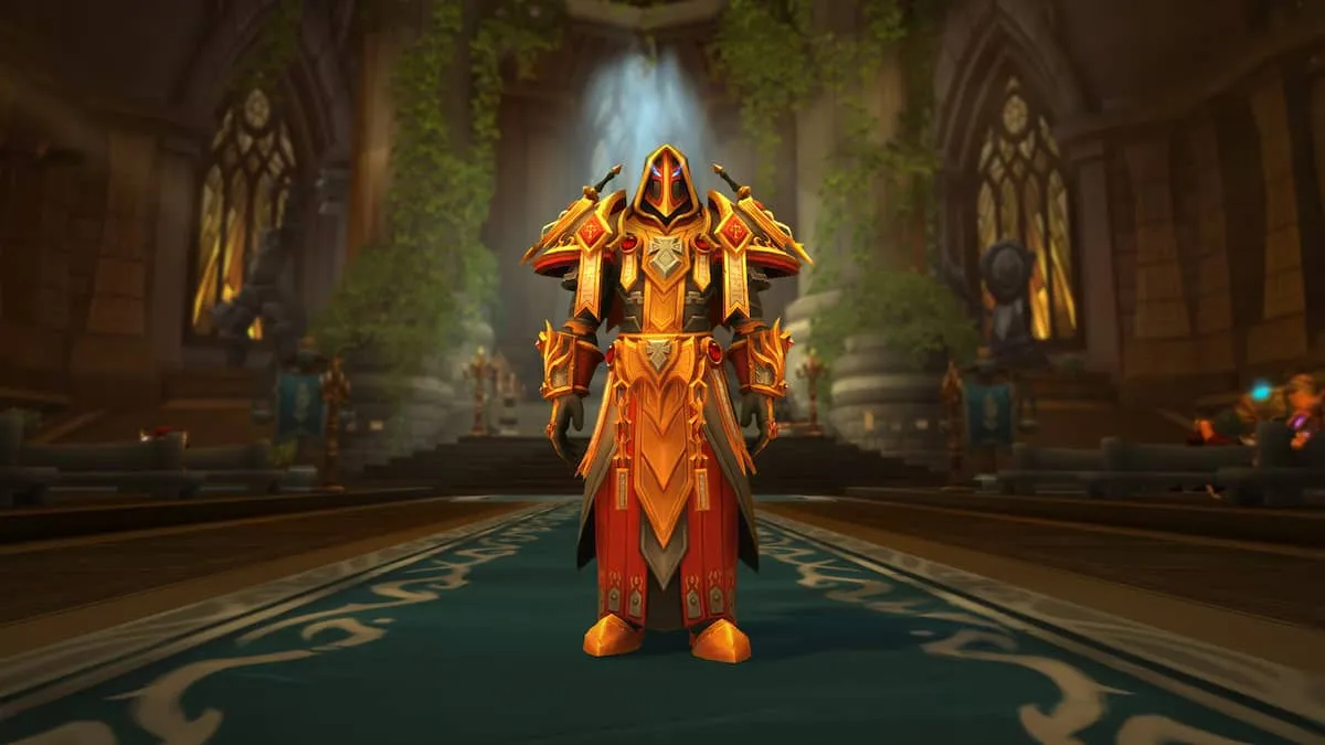 Paladin Tier 2 armor in gold and red armor with swords on back through WoW 20th anniversary event