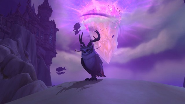 An owl with antlers perching on a rock in front of a giant purple crystal in the sky