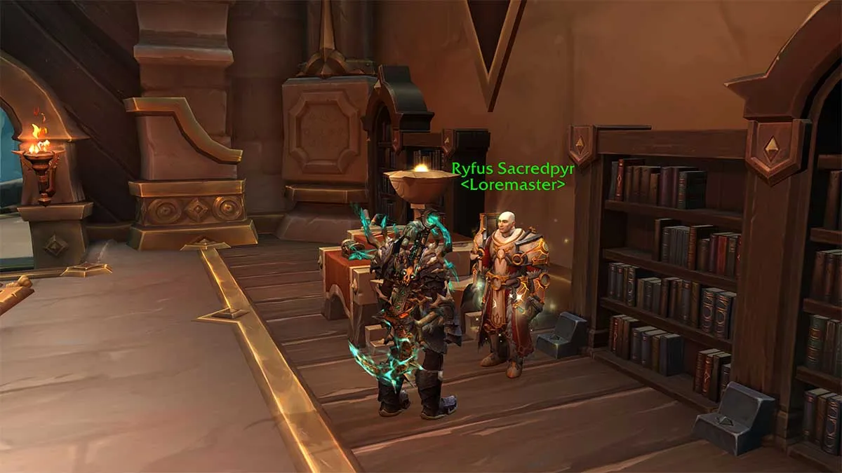 One armored figure talks to aother in a library in WoW.