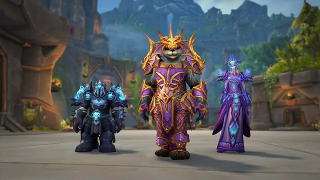 Three WoW characters standing next to each other wearing regal armor in Dornogal, the Earthen capital