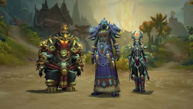 Three WoW characters standing next to each other in Hallowfall beneath a gold crystal wearing tier 2 armor