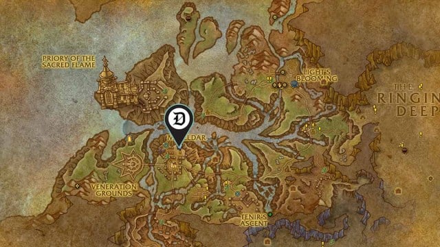 WoW Hallowfall map with Kiera Horth's location pinned with a Dot Esports map marker