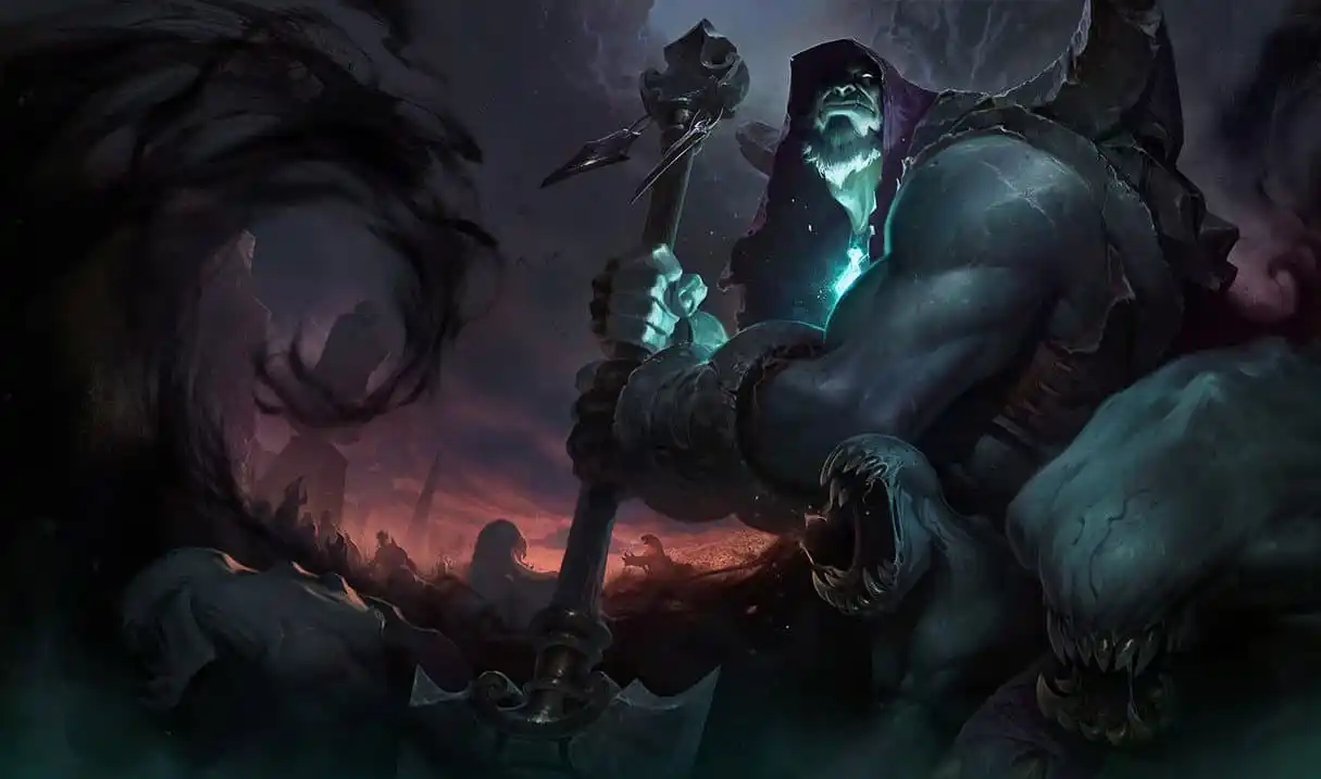 League of Legends champion Yorick, a ghostly figure wearing a purple hood and holding a staff.