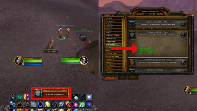 Player earning the A Titanic Expedition achievement progress for the Sojourner of Isle of Dorn in WoW The War Within