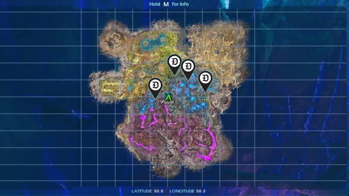 Ark Survival Ascended Aberration map with Blue Gem location markers