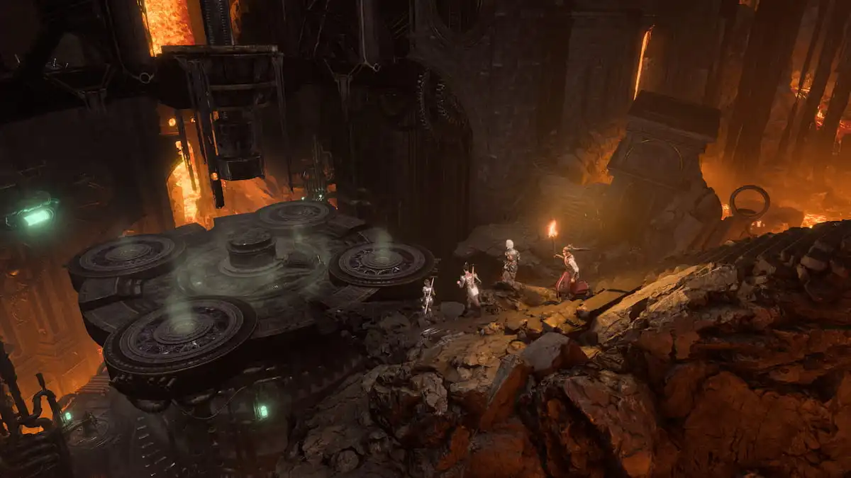 Baldur's Gate 3 screenshot showing a party of four characters in an underground region