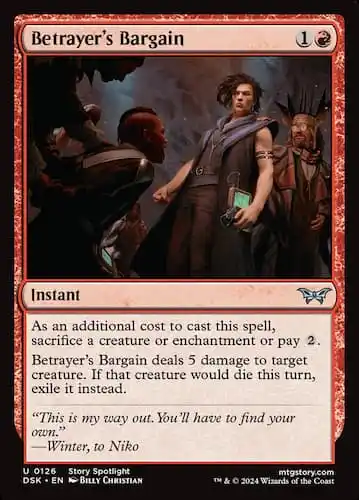 Man with long hari and grey sleeveless jacket standing in front of man on knees in MTG Duskmourn set