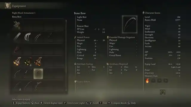 Bone Bow stats and details in Elden Ring.