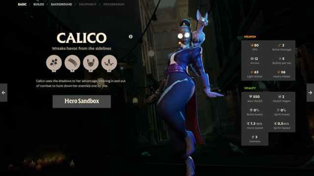 The hero Calico in Deadlock, an African-American woman with great round eyeglasses, purple robes, and a cat with glowing eyes sitting on her shoulder.