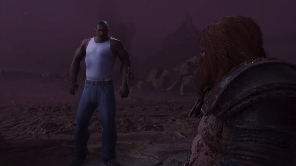 Carl Johnson from Grand Theft Auto: San Andreas facing Thor.