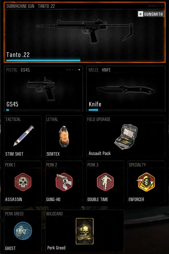 A screenshot of a loadout from Blackl Ops 6 featuring the Tanto .22 SMG.